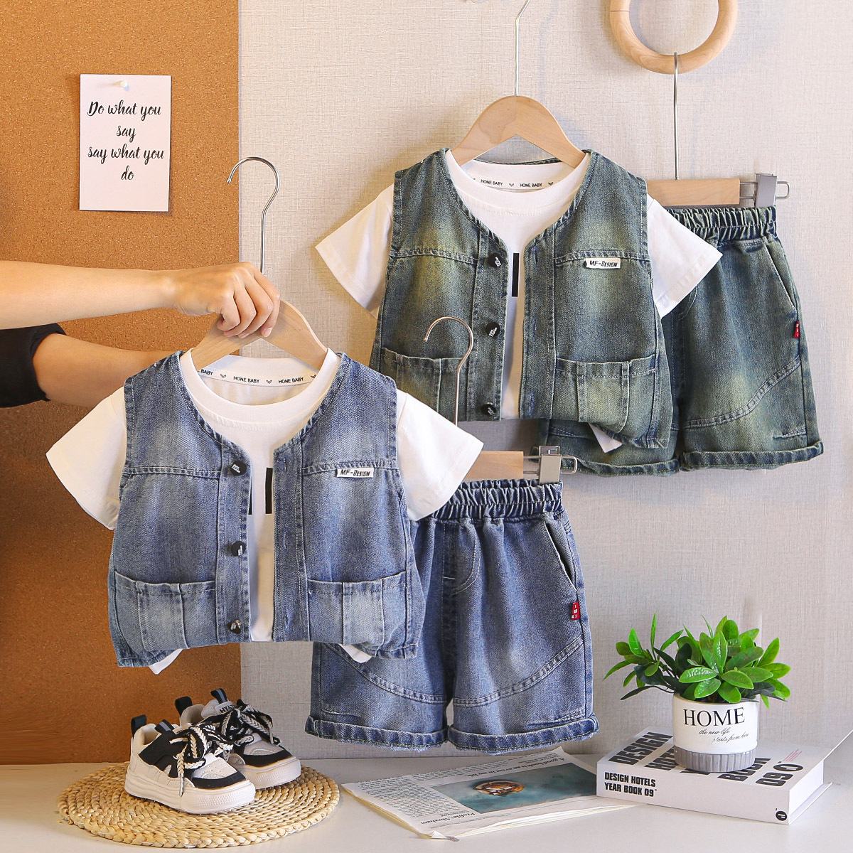 Kids White T-Shirt & Blue Denim Vest Shorts Set | Cute Casual Outfit for Boys