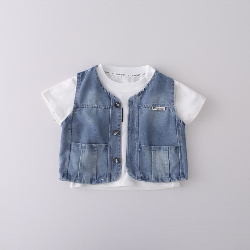 Kids White T-Shirt & Blue Denim Vest Shorts Set | Cute Casual Outfit for Boys