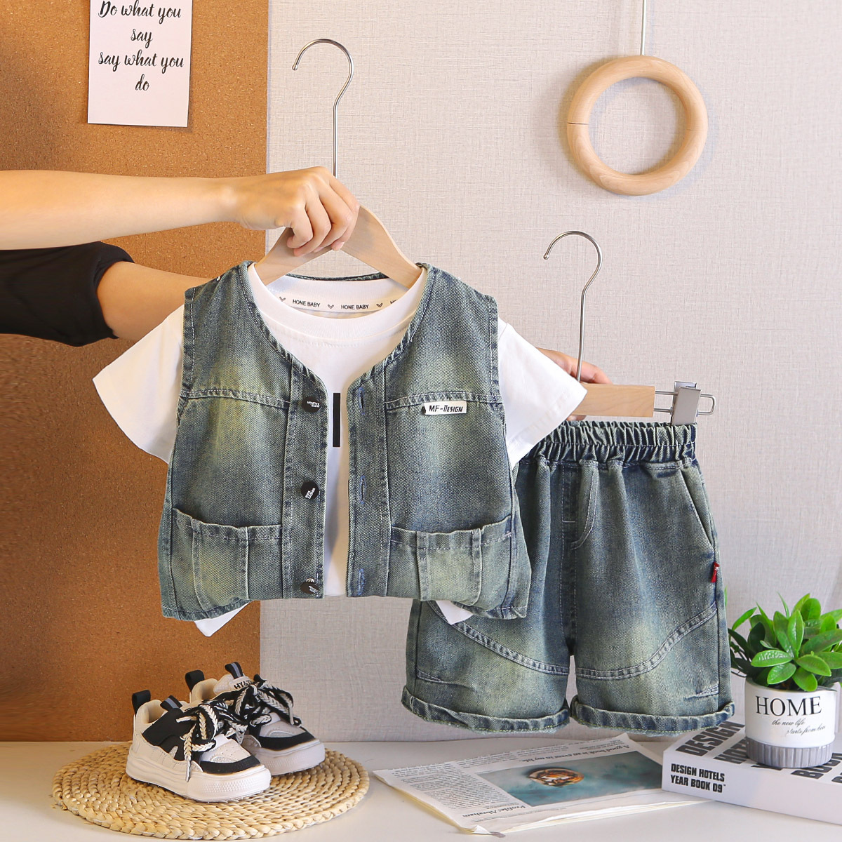 Kids' Denim Vest & Shorts Set – Casual T-Shirt, Vest & Denim Shorts Outfit