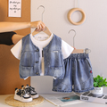 Kids White T-Shirt & Blue Denim Vest Shorts Set | Cute Casual Outfit for Boys