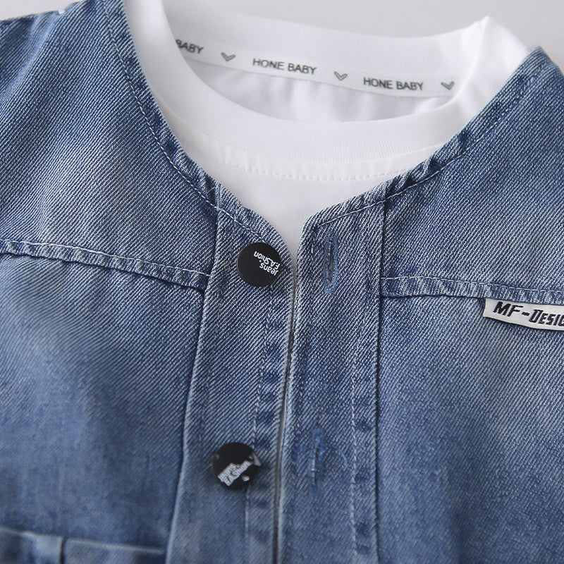 Kids White T-Shirt & Blue Denim Vest Shorts Set | Cute Casual Outfit for Boys
