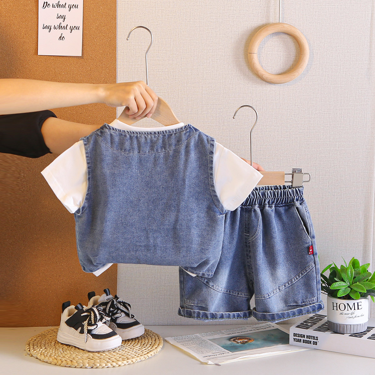 Kids White T-Shirt & Blue Denim Vest Shorts Set | Cute Casual Outfit for Boys