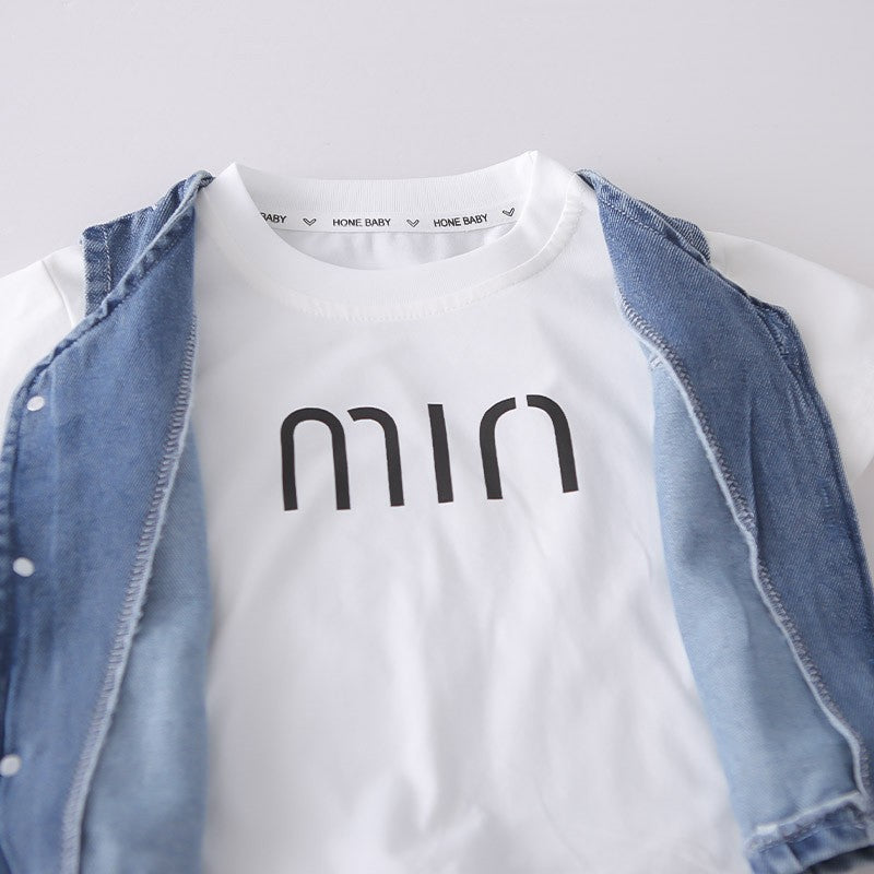 Kids White T-Shirt & Blue Denim Vest Shorts Set | Cute Casual Outfit for Boys