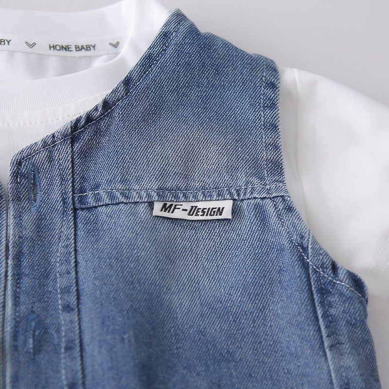 Kids White T-Shirt & Blue Denim Vest Shorts Set | Cute Casual Outfit for Boys
