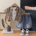 Kids' Plaid Shirt & Denim Shorts Set – Casual Checkered Summer Outfit