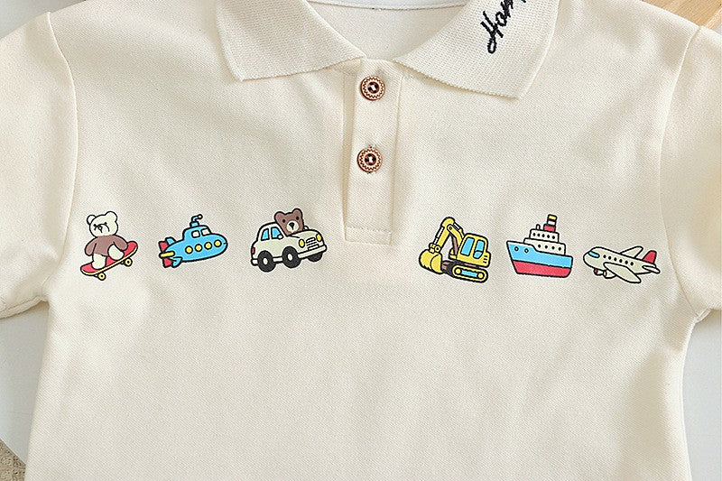 Kids Cream Polo T-Shirt & Beige Shorts Set | Cute Vehicle Print Outfit for Boys