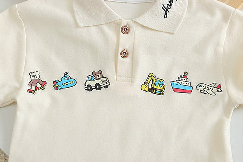 Kids Cream Polo T-Shirt & Beige Shorts Set | Cute Vehicle Print Outfit for Boys