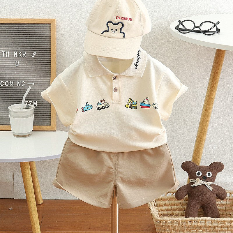 Kids Cream Polo T-Shirt & Beige Shorts Set | Cute Vehicle Print Outfit for Boys