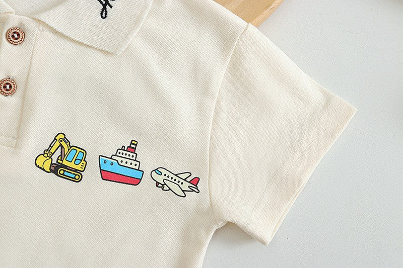 Kids Cream Polo T-Shirt & Beige Shorts Set | Cute Vehicle Print Outfit for Boys
