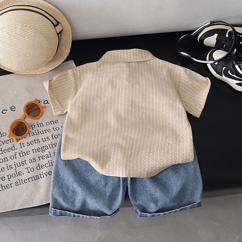 Kids Beige Cartoon Print Shirt & Blue Denim Shorts Set | Cute Casual Outfit for Boys