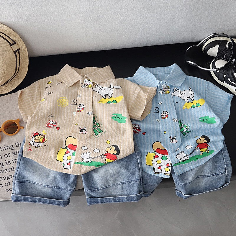 Kids Beige Cartoon Print Shirt & Blue Denim Shorts Set | Cute Casual Outfit for Boys