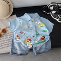 Kids' Blue Cartoon Shirt & Denim Shorts Set – Cute Casual Summer Outfit
