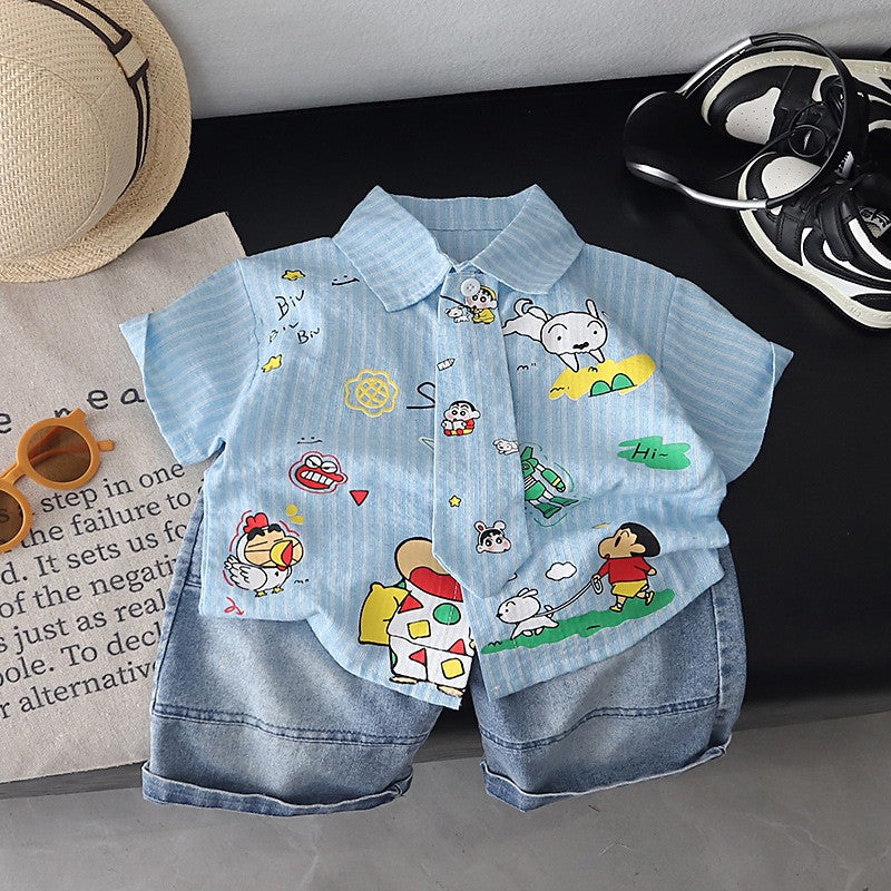 Kids' Blue Cartoon Shirt & Denim Shorts Set – Cute Casual Summer Outfit