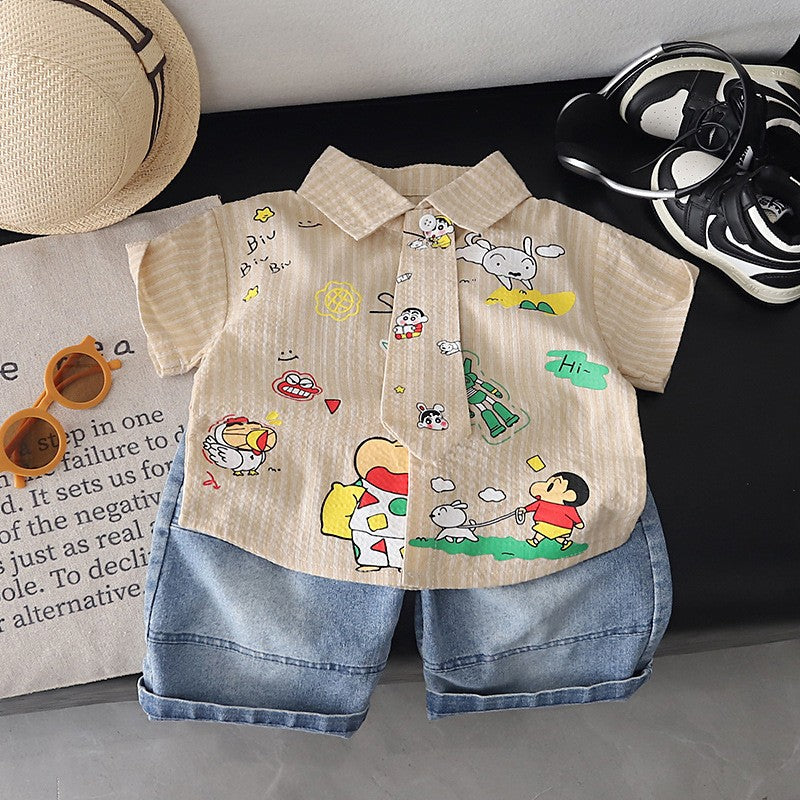 Kids Beige Cartoon Print Shirt & Blue Denim Shorts Set | Cute Casual Outfit for Boys