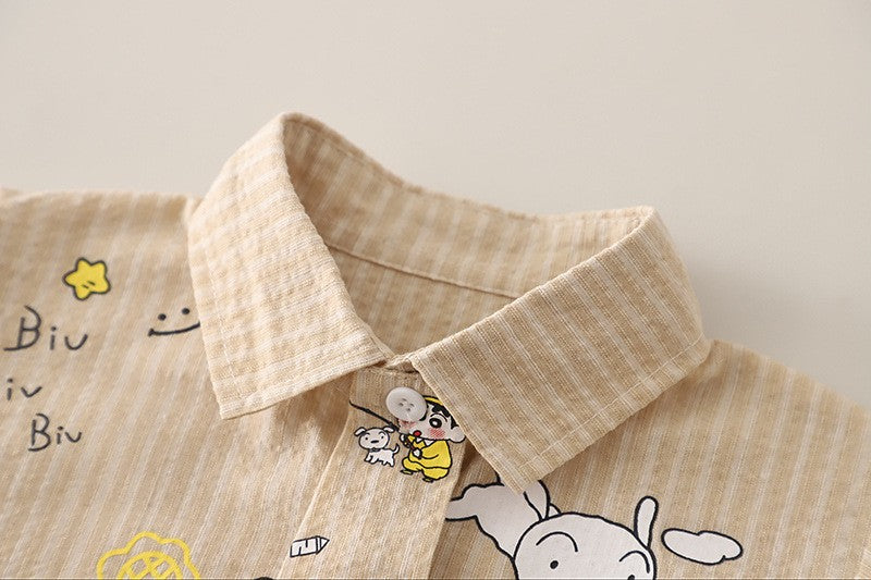 Kids Beige Cartoon Print Shirt & Blue Denim Shorts Set | Cute Casual Outfit for Boys