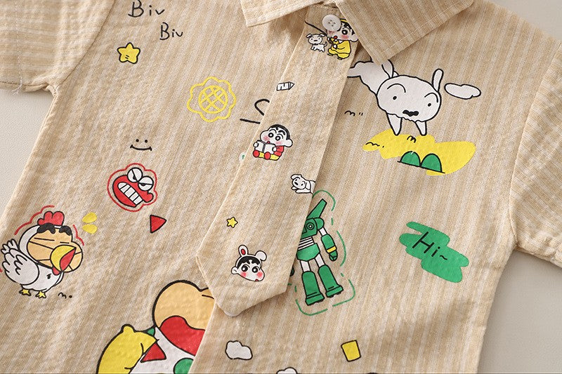 Kids Beige Cartoon Print Shirt & Blue Denim Shorts Set | Cute Casual Outfit for Boys
