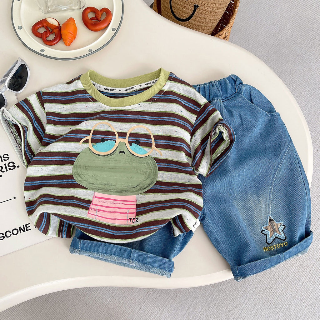 Kids Striped T-Shirt & Blue Denim Shorts Set | Cute Frog Graphic Outfit for Boys