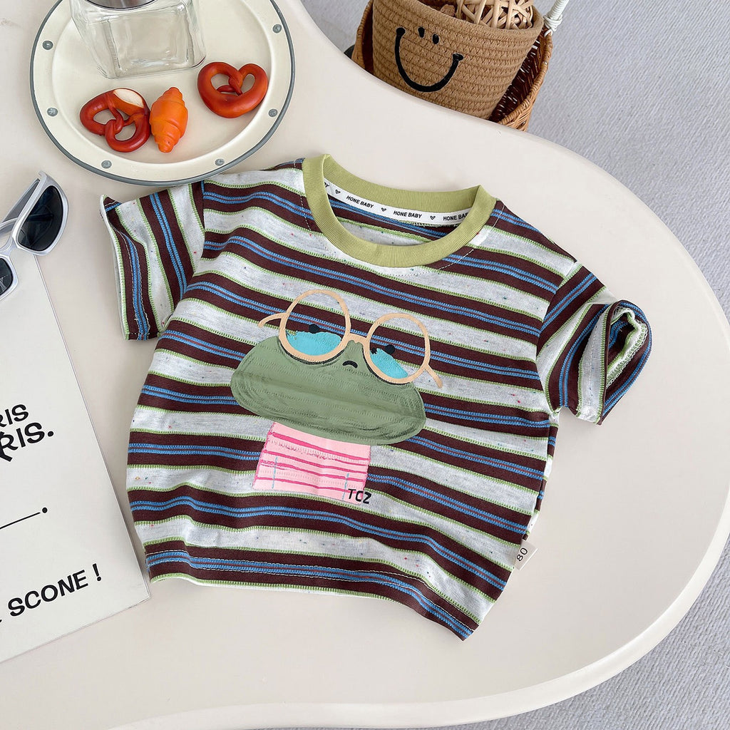 Kids Striped T-Shirt & Blue Denim Shorts Set | Cute Frog Graphic Outfit for Boys