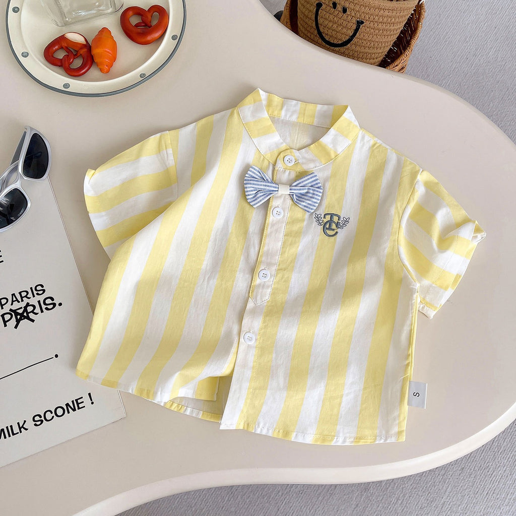 Kids Yellow & White Striped Shirt & White Shorts Set | Cute Bow Tie Outfit for Boys