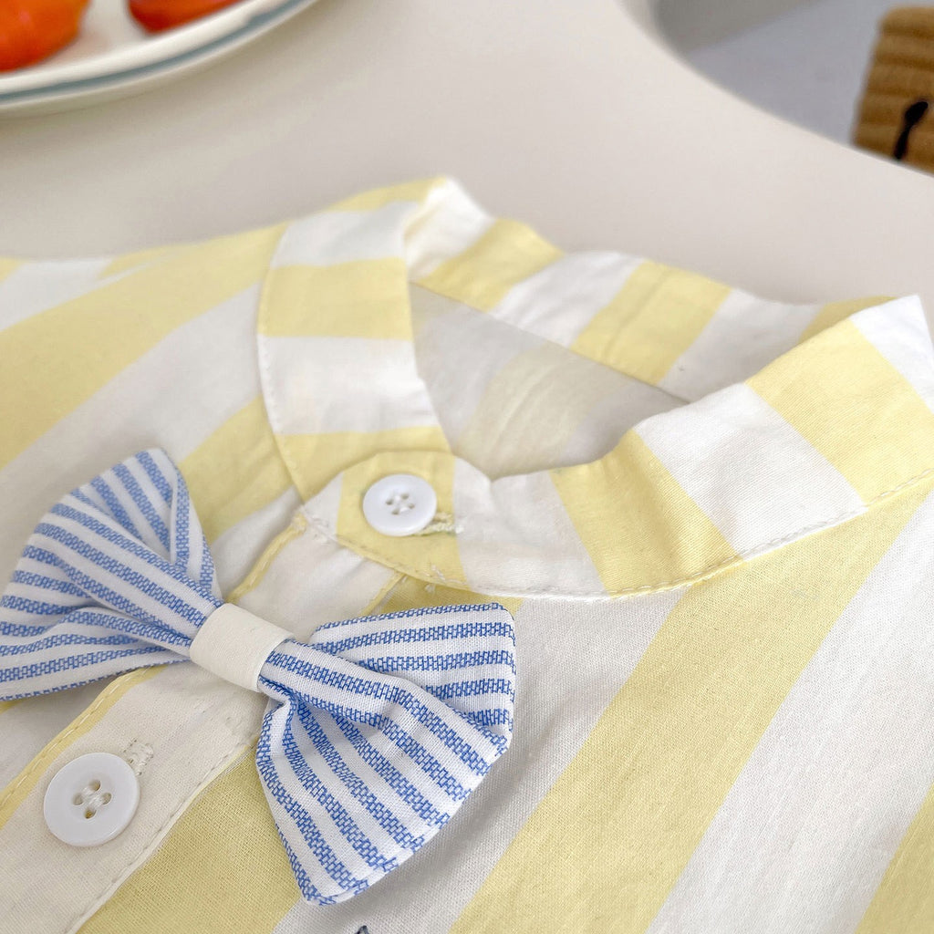 Kids Yellow & White Striped Shirt & White Shorts Set | Cute Bow Tie Outfit for Boys