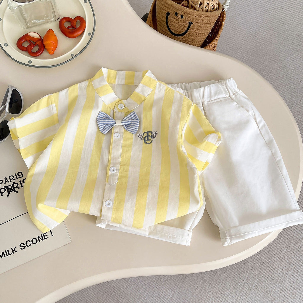 Kids Yellow & White Striped Shirt & White Shorts Set | Cute Bow Tie Outfit for Boys