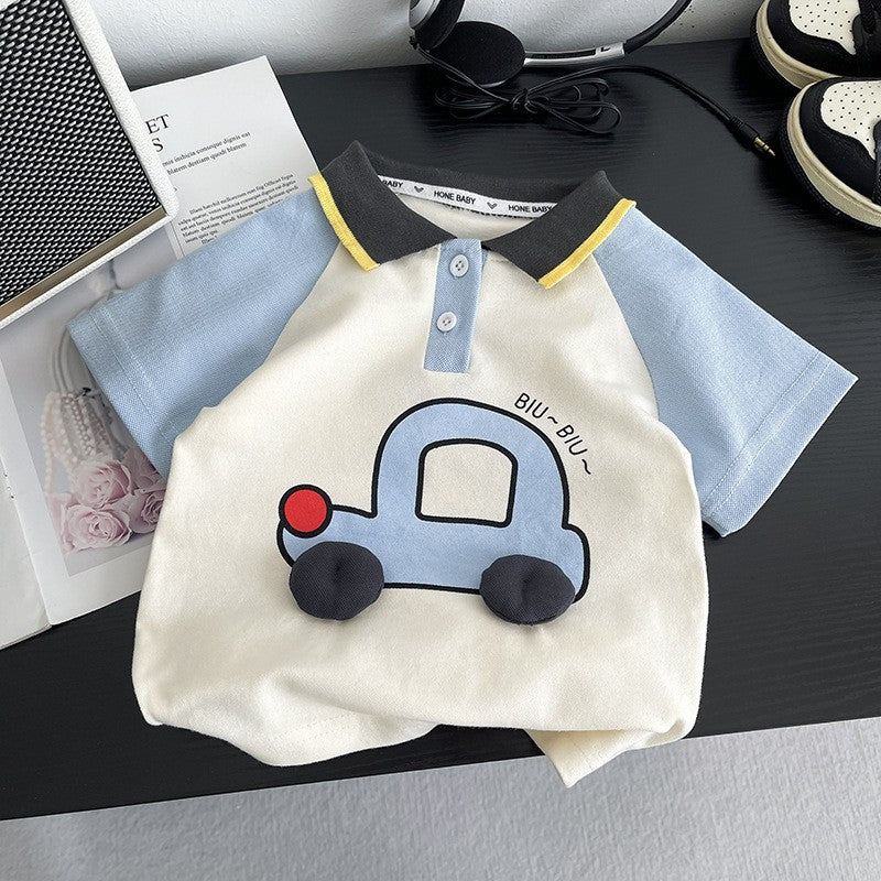 Kids Cream Polo T-Shirt & Blue Denim Shorts Set | Cute Car Graphic Print Outfit for Boys