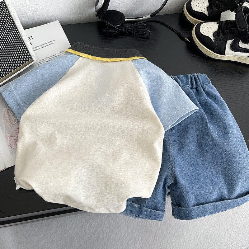 Kids Cream Polo T-Shirt & Blue Denim Shorts Set | Cute Car Graphic Print Outfit for Boys