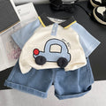 Kids Cream Polo T-Shirt & Blue Denim Shorts Set | Cute Car Graphic Print Outfit for Boys