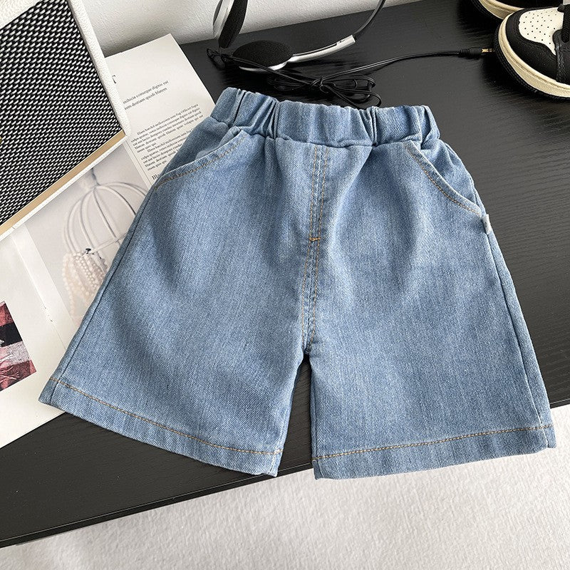 Kids Cream Polo T-Shirt & Blue Denim Shorts Set | Cute Car Graphic Print Outfit for Boys