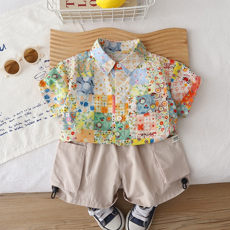 Kids Multicolor Floral Shirt & Beige Shorts Set | Cute Patchwork Print Outfit for Boys