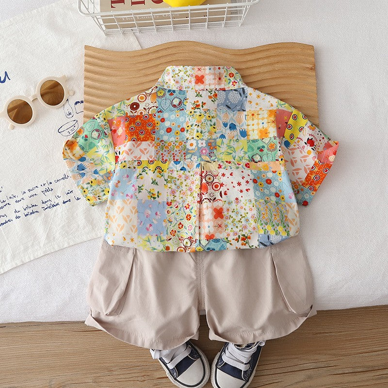 Kids Multicolor Floral Shirt & Beige Shorts Set | Cute Patchwork Print Outfit for Boys