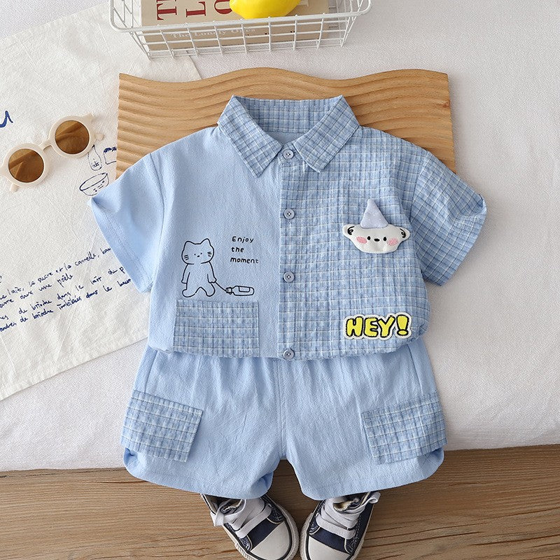 Kids Light Blue Shirt & Shorts Set | Cute Cat & Cloud Graphic Outfit for Boys