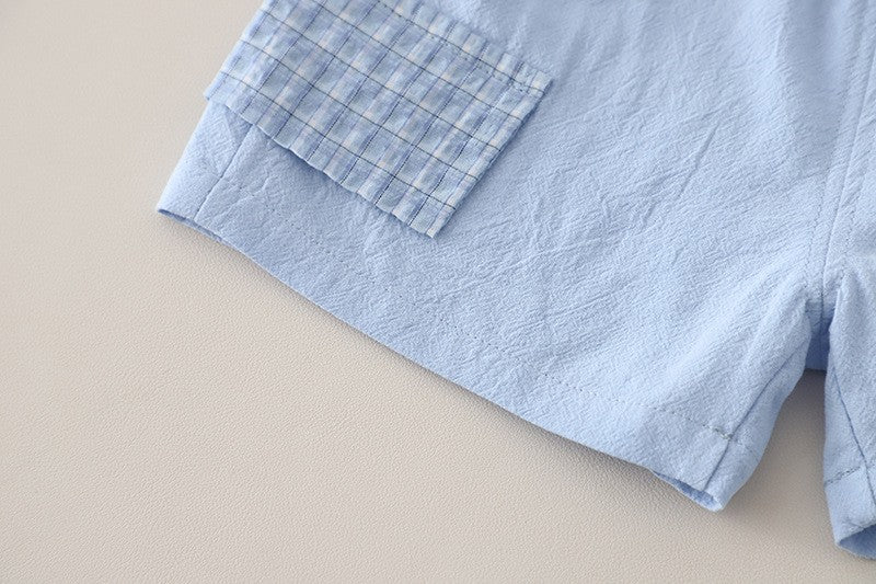 Kids Light Blue Shirt & Shorts Set | Cute Cat & Cloud Graphic Outfit for Boys