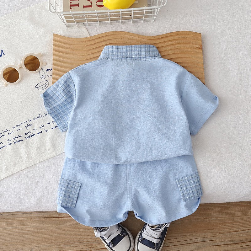 Kids Light Blue Shirt & Shorts Set | Cute Cat & Cloud Graphic Outfit for Boys