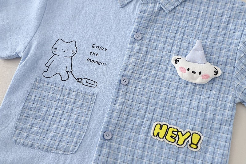 Kids Light Blue Shirt & Shorts Set | Cute Cat & Cloud Graphic Outfit for Boys