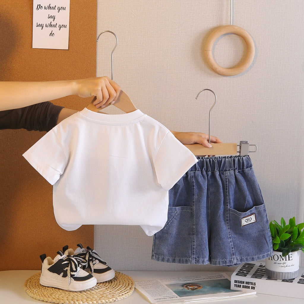 Kids White T-Shirt & Blue Denim Shorts Set | Cute Denim Print Outfit for Boys