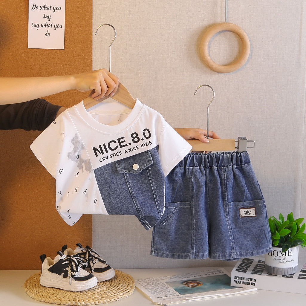 Kids White T-Shirt & Blue Denim Shorts Set | Cute Denim Print Outfit for Boys