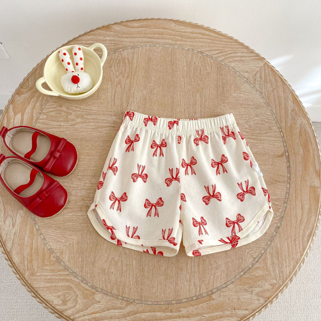 Kids Cream Bow Print Top & Shorts Set | Cute Red Ribbon Outfit for Girls