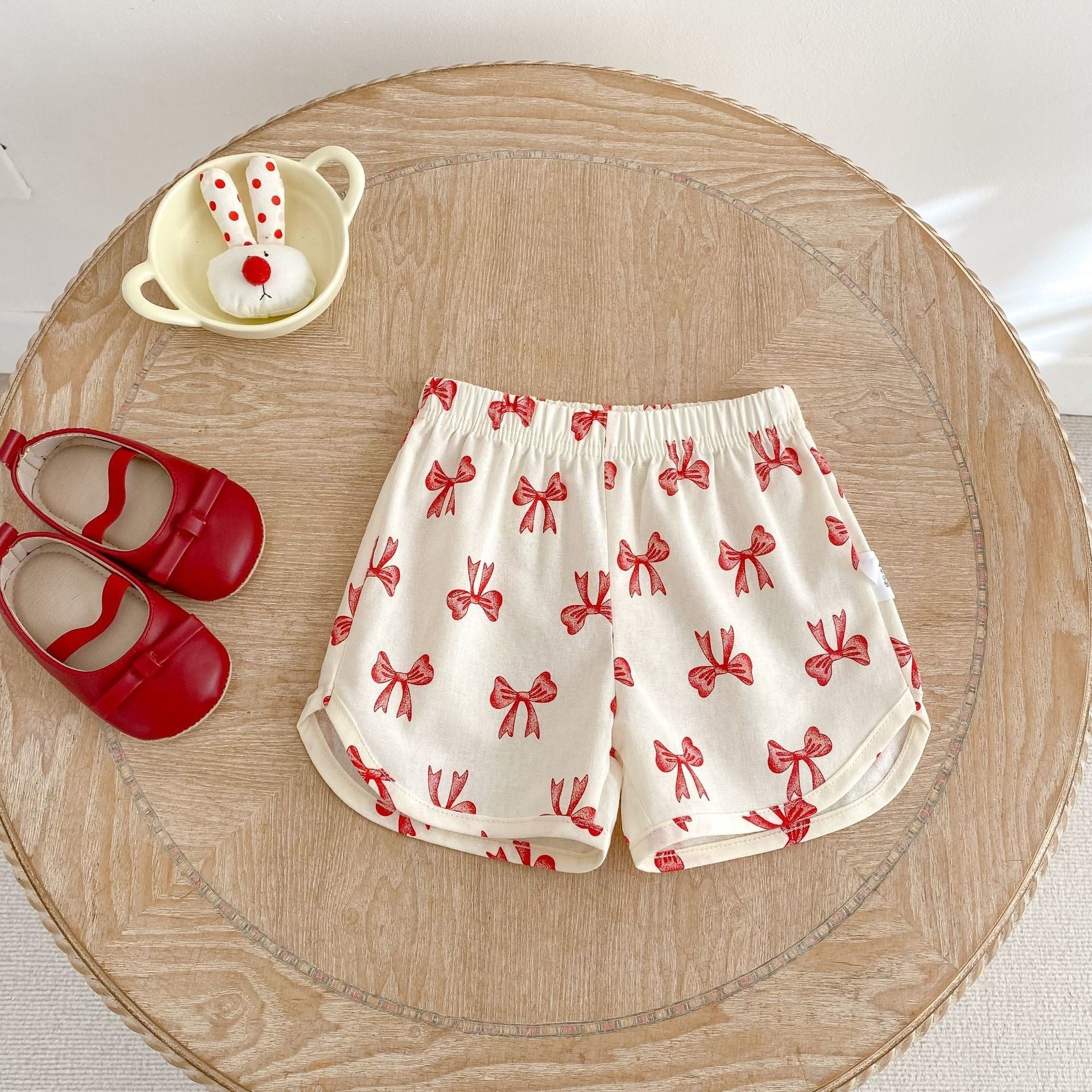 Kids Cream Bow Print Top & Shorts Set | Cute Red Ribbon Outfit for Girls