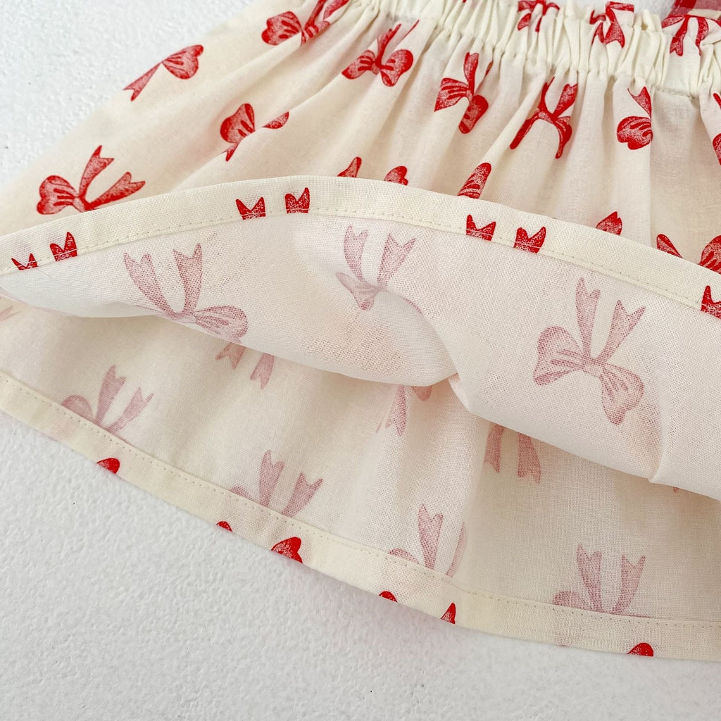 Kids Cream Bow Print Top & Shorts Set | Cute Red Ribbon Outfit for Girls