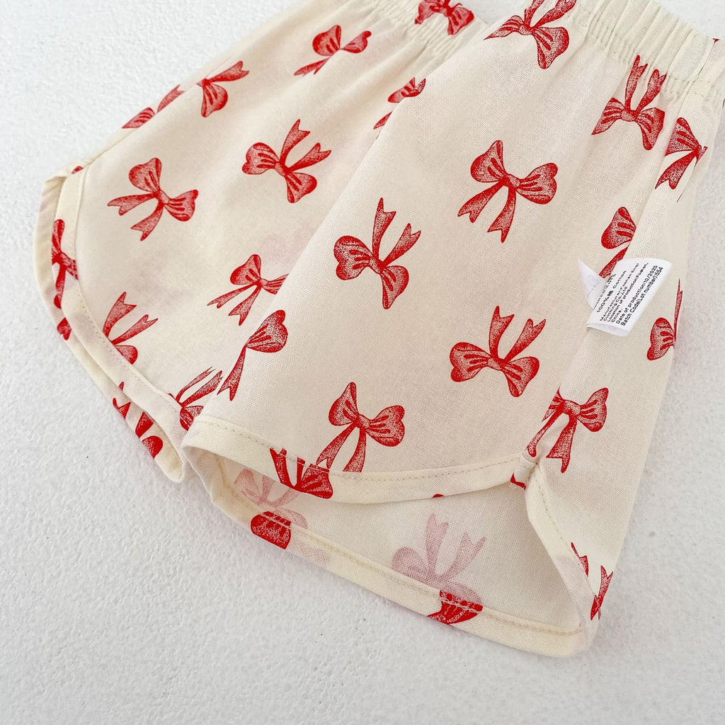 Kids Cream Bow Print Top & Shorts Set | Cute Red Ribbon Outfit for Girls