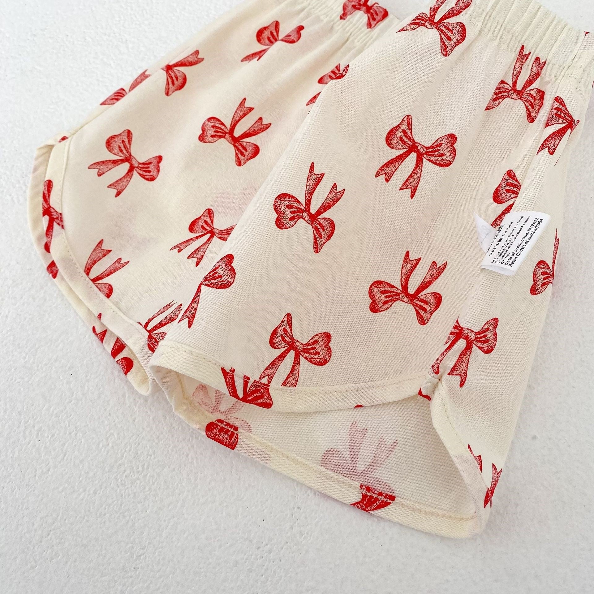 Kids Cream Bow Print Top & Shorts Set | Cute Red Ribbon Outfit for Girls