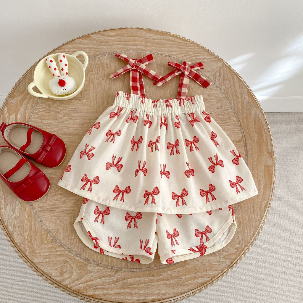 Kids Cream Bow Print Top & Shorts Set | Cute Red Ribbon Outfit for Girls