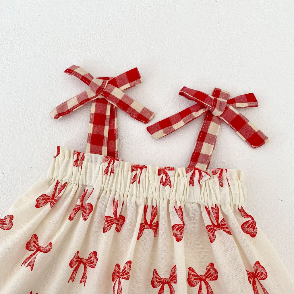 Kids Cream Bow Print Top & Shorts Set | Cute Red Ribbon Outfit for Girls