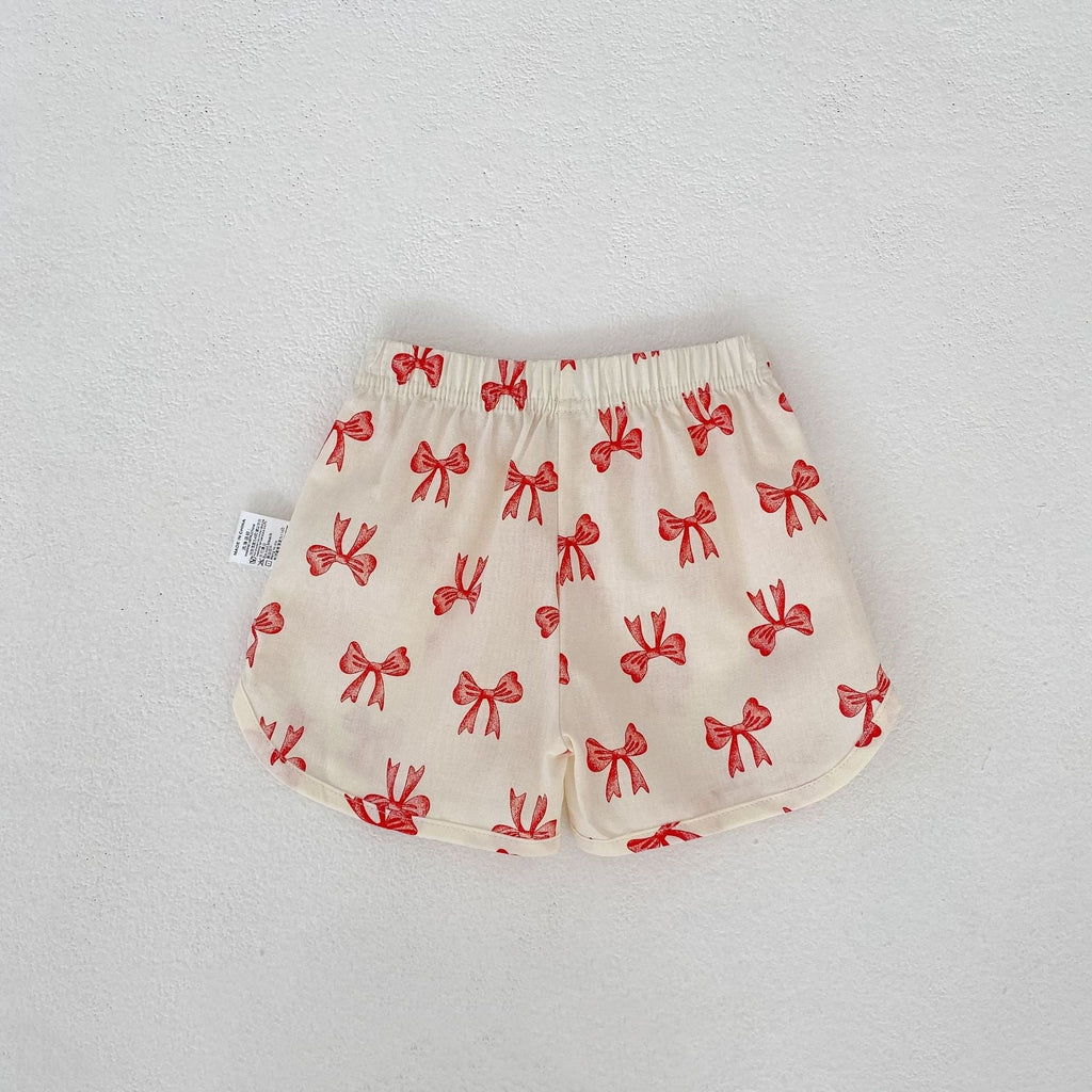 Kids Cream Bow Print Top & Shorts Set | Cute Red Ribbon Outfit for Girls