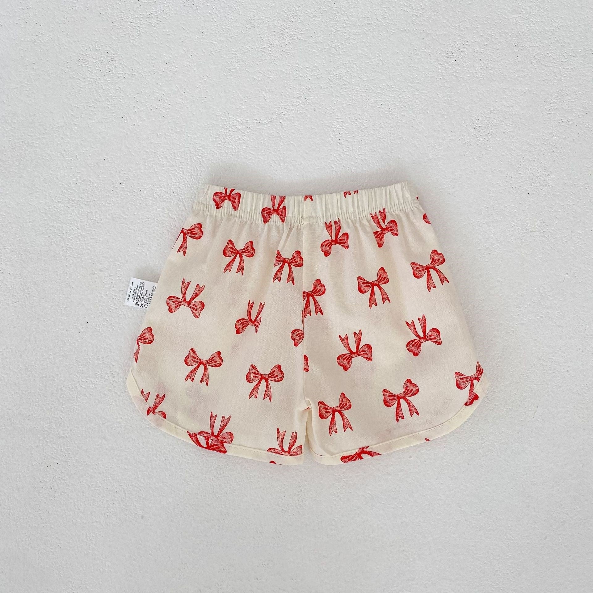 Kids Cream Bow Print Top & Shorts Set | Cute Red Ribbon Outfit for Girls