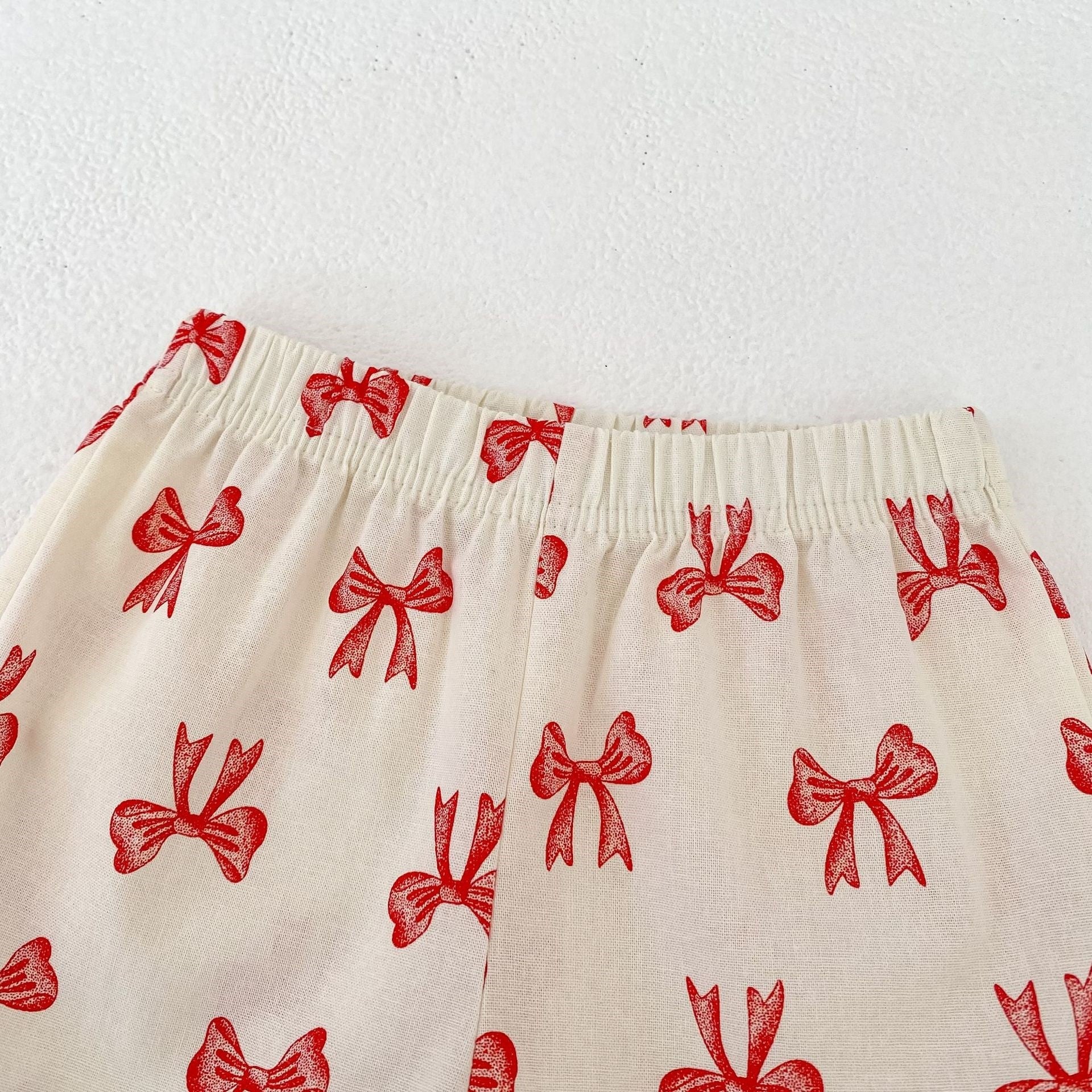 Kids Cream Bow Print Top & Shorts Set | Cute Red Ribbon Outfit for Girls