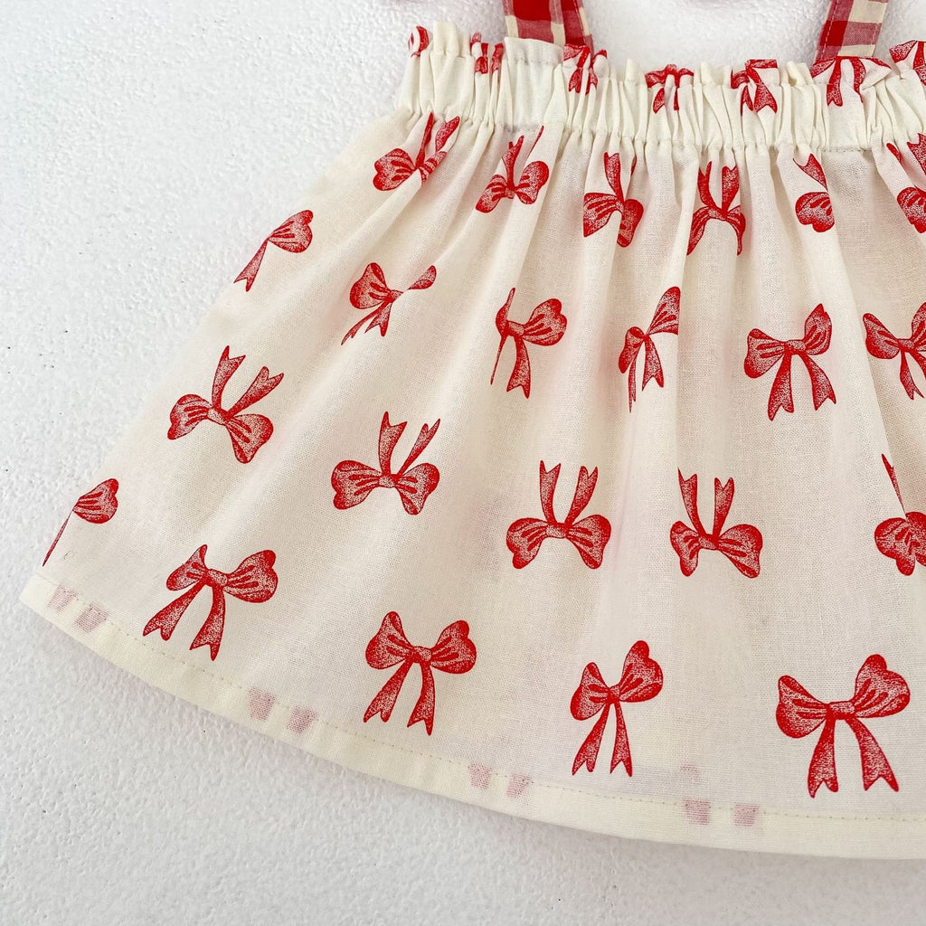 Kids Cream Bow Print Top & Shorts Set | Cute Red Ribbon Outfit for Girls
