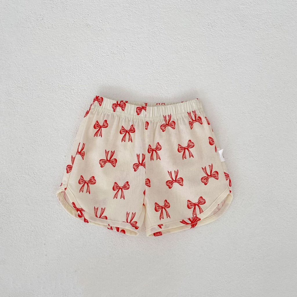 Kids Cream Bow Print Top & Shorts Set | Cute Red Ribbon Outfit for Girls