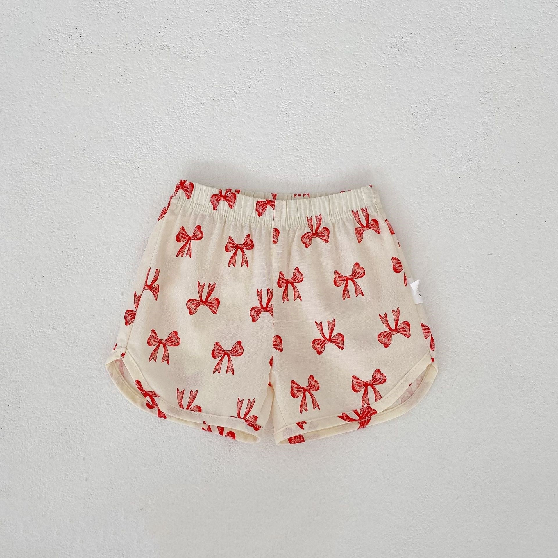 Kids Cream Bow Print Top & Shorts Set | Cute Red Ribbon Outfit for Girls